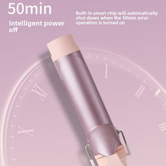 A close-up of a pink and beige hair styling tool with a metallic lavender body, shown against a soft pink background with a blurred clock graphic and text describing a 50-minute smart shutdown feature.