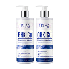 Two white pump bottles of MELAO GHK-Cu hair care products on a white background, labeled GHK-Cu Copper Peptide Shampoo and GHK-Cu Copper Peptide Conditioner, 350ml each.