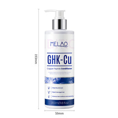 Melao GHK-Cu Copper Peptide Shampoo bottle with measurements on a white background