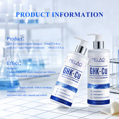Two white MELAO GHK-Cu hair care bottles, including shampoo and conditioner, displayed on a white tiled surface with a blurred laboratory background and product information text.