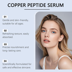Copper peptide serum advertisement with a woman's face and product benefits listed.