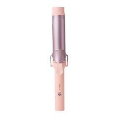 A pink and lavender curling iron shown vertically against a plain white background.