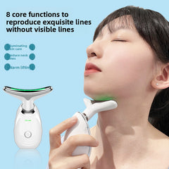 Woman using a facial device with text on core functions against a light blue background