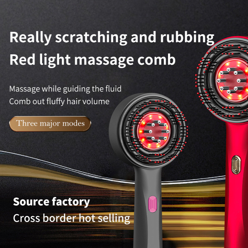 Red light massage comb with text on a dark background