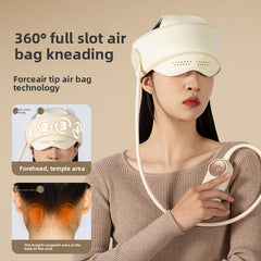 A woman wearing a cream-colored 360-degree full slot air bag kneading head and neck massager, with text overlays explaining the forehead, temple, and feng shui point massage areas.