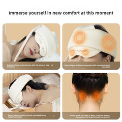 A four-panel promotional graphic showing a white head and neck massage device worn by a woman in different angles, with orange heat-zone overlays and text describing relief and soothing benefits.