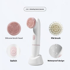 2-in-1 vibrating facial cleanser with silicone brush head, Pbt brush, switch, and waterproof design on a white background.