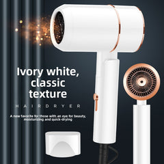 An ivory white hair dryer with rose gold accents, shown alongside a concentrator nozzle attachment and a small white stand. The image includes promotional text reading 'Ivory white, classic texture HAIRDRYER' against a dark background with decorative light effects.