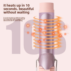 A lavender and pink hair styling tool shown on a pale pink background with promotional text and glowing orange heat graphics. The image includes copy about heating up in 10 seconds and features a large faded '10' in the background.