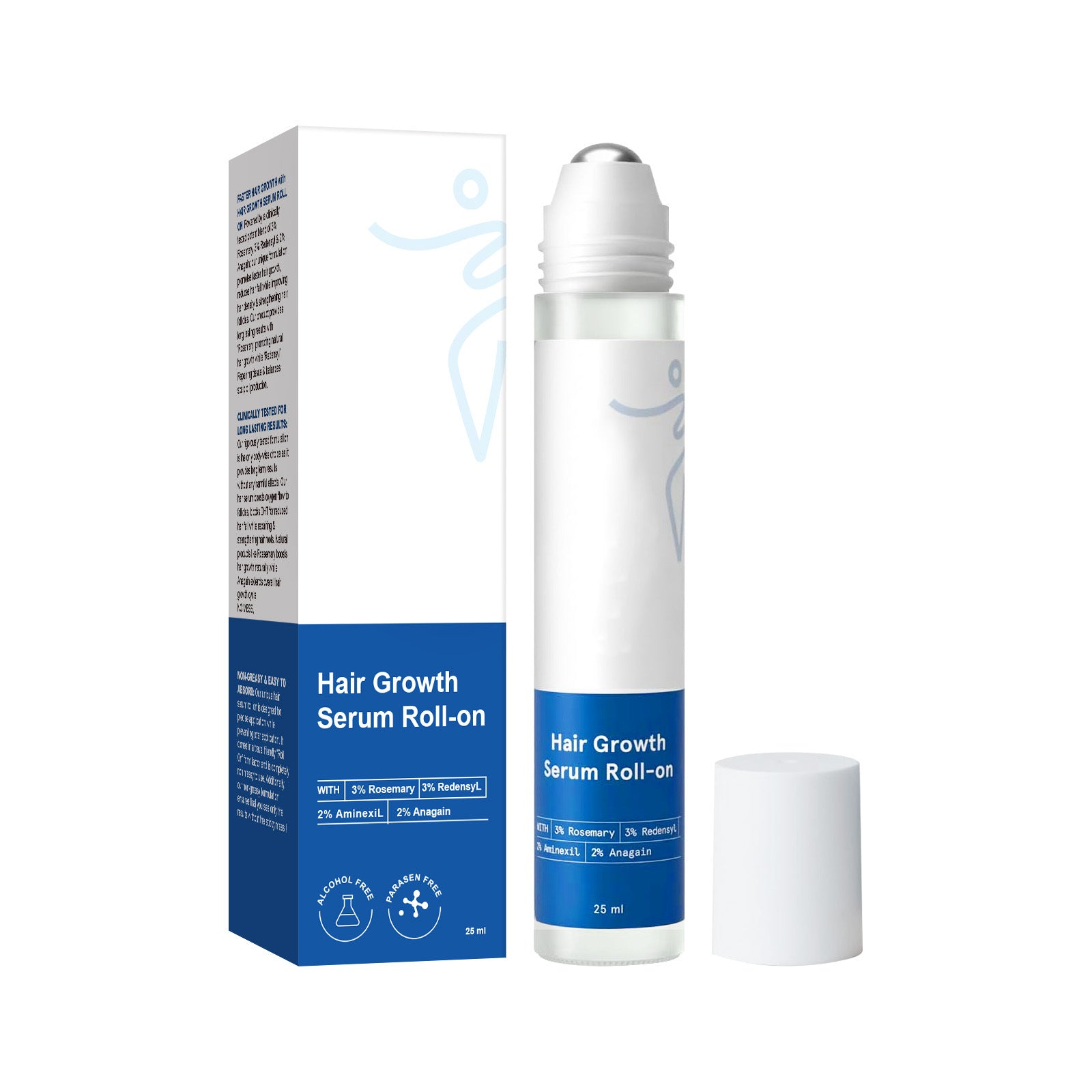 Hair growth serum roll-on with packaging on a white background