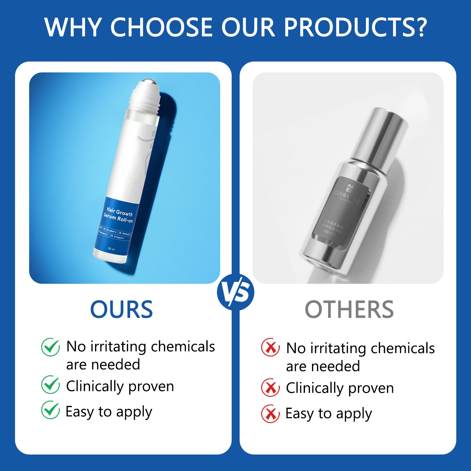 Comparison chart of two skincare products with text highlighting benefits.