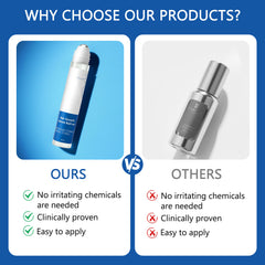 Comparison chart of two skincare products with text highlighting benefits.