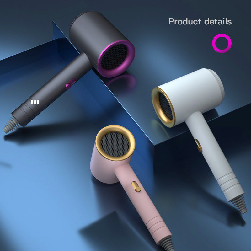 Four hair dryers in different colors on a reflective surface with 'Product details' text.