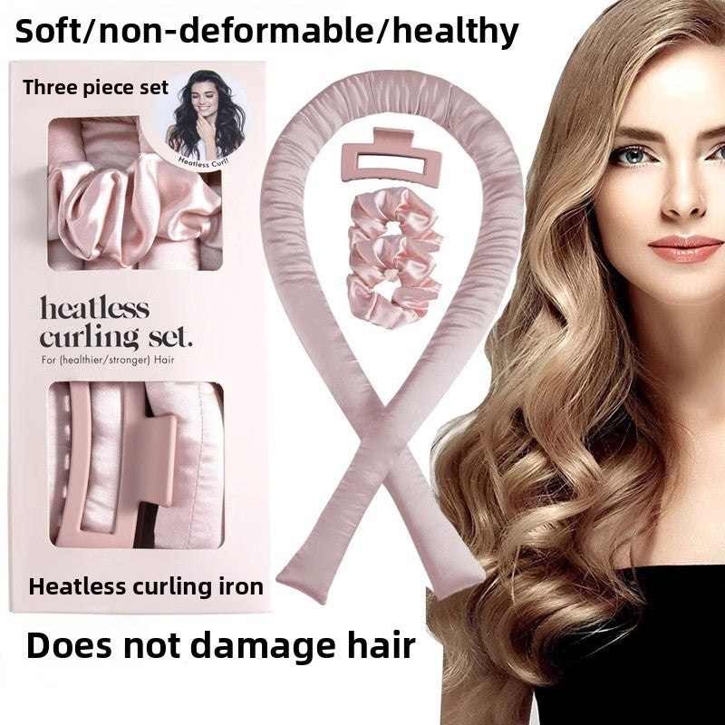 Heatless curling set with packaging and a model with styled hair.