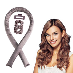 Woman with styled hair next to a hair roller and scrunchie on a white background