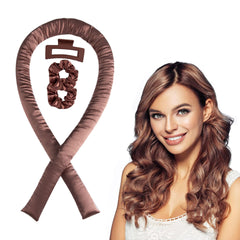 Woman with styled hair next to a hair straightening tool on a white background