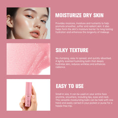 Product advertisement for a moisturizing balm with text on a pink background