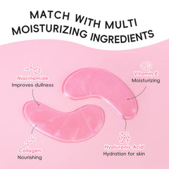 Pink eye patches with text highlighting moisturizing ingredients on a pink background