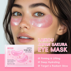 Woman wearing pink eye masks with Japan Sakura eye mask packaging and product description on a pink background