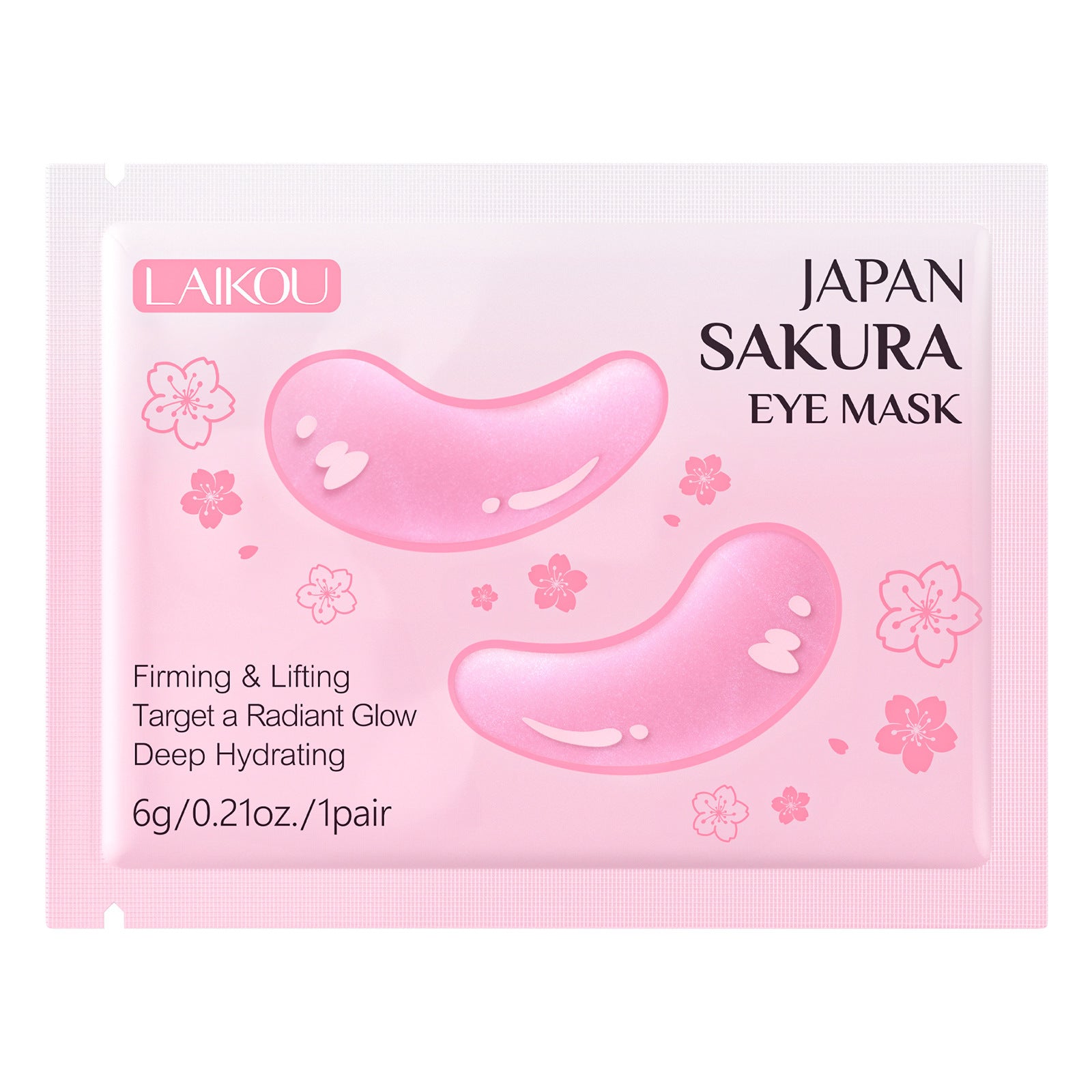 A single packet of LAIKOU Japan Sakura Eye Mask, featuring pink gel eye patches illustrated on a light pink background with cherry blossom graphics.
