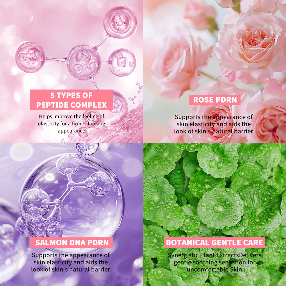 Collage of skincare product components with text on peptide complex, rose, salmon DNA, and botanical gentle care.