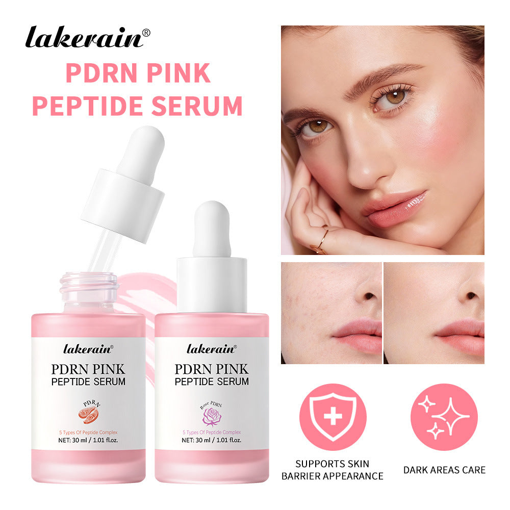 Lakerain PDRN Pink Peptide Serum with product packaging and benefits on a white background