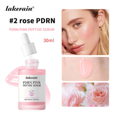 Lakerain PDRN Pink Peptide Serum with product bottle, dropper, and close-up of application on skin.