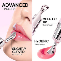 Lip treatment device with metallic tip, cooling touch, and vacuum pump on a white background.