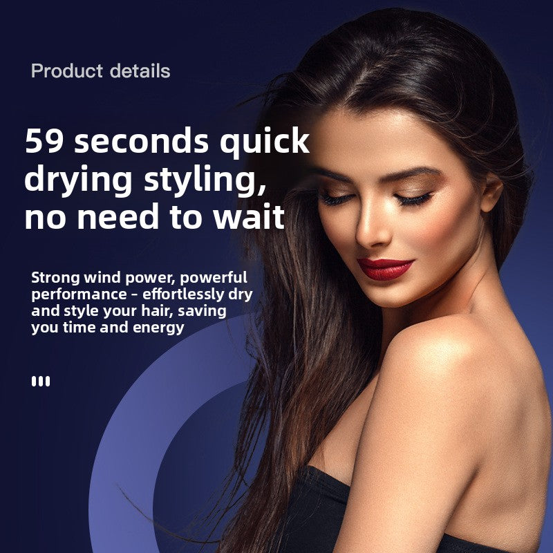 A promotional graphic for a hair styling product featuring a woman with long dark hair against a dark blue background, with text reading 'Product details' and '59 seconds quick drying styling, no need to wait.'.