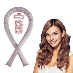Woman with styled hair next to a hair straightener and scrunchies on a white background