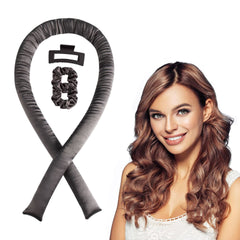 Woman with styled hair next to a hair product on a white background