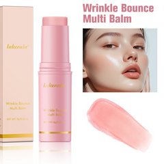Lakerain Wrinkle Bounce Multi Balm with packaging, application on skin, and close-up of balm.