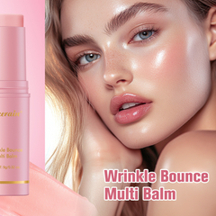 Woman with smooth skin holding a 'Wrinkle Bounce Multi Balm' with a pink background