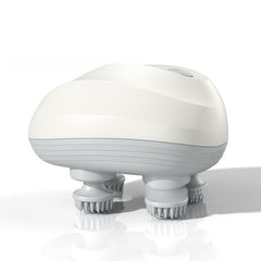 White handheld device with multiple bristle heads on a white background