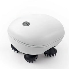 A white oval-shaped handheld massage device with four black textured massage heads and a gray power button on top, shown on a clean white background.