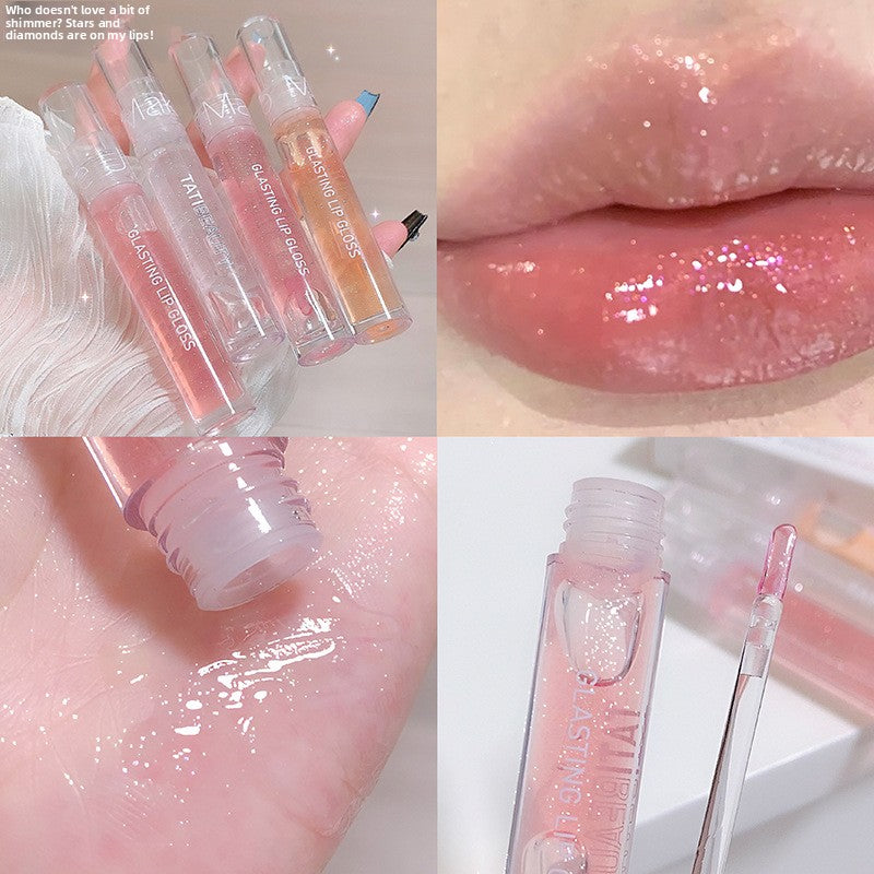 A four-panel collage showing a glossy pink lip product. The top-left panel shows several clear lip gloss tubes with pink and peach-colored liquid inside, held in a hand.